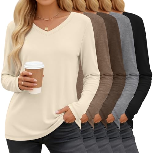 T-shirts basiques solides femme col en V coupe ample lot de 5 chemises tendance automne