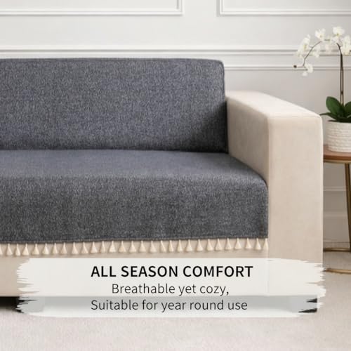 Image of STITCHNEST Jute Sofa Cover - Black, 70x60 Inch | Soft Textured Fabric with Tassel| Full Coverage Sofa for Living Room Decor