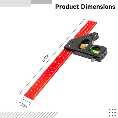 Carpenter Square 11.8 in, Multifunctional Aluminum Alloy Ruler for 90°/45° Angles, Adjustable Tool for Woodworking, Metal, DIY - Marking Gauge with Bubble Level