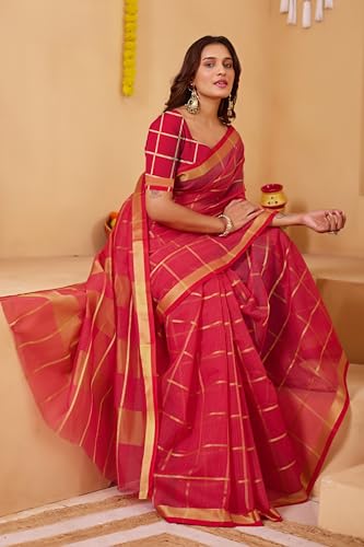 Image of StyleScope Women's Kota Doria Cotton Zari Checks Manipuri Saree With Unstitched Blouse Piece (Malanng)