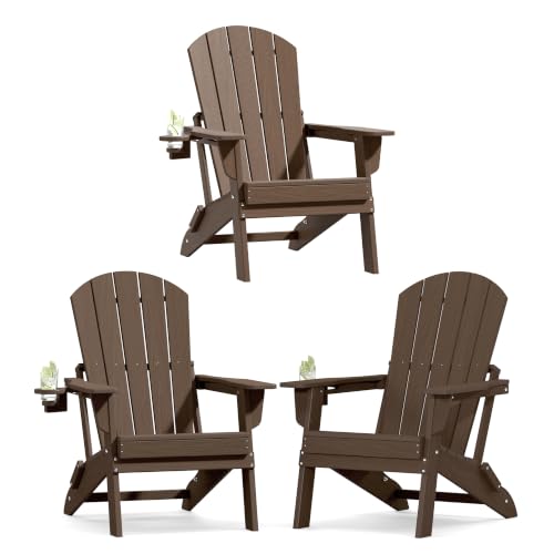 Image of Plawdlik Folding Adirondack Chair Set of 3, Cup Holder, Coffee | pin-free folding, 38-in tall back, Wood-grain All-weather HDPE; for fire pit, poolside, deck, backyard, patio
