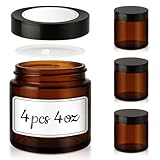 4 oz Glass Jars with Lids, 4 Pack Amber Glass Jars with Black Lids Leakproof Round Airtight Empty Cosmetic Travel Containers with Inner Liners For Lotions Powders and Candle Making