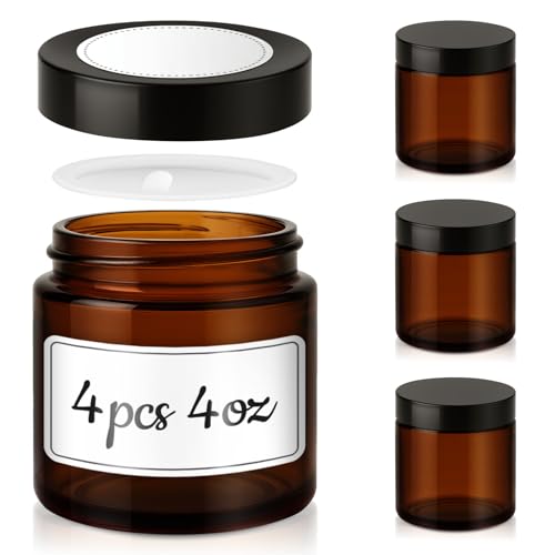 4 oz Glass Jars with Lids, 4 Pack Amber Glass Jars...
