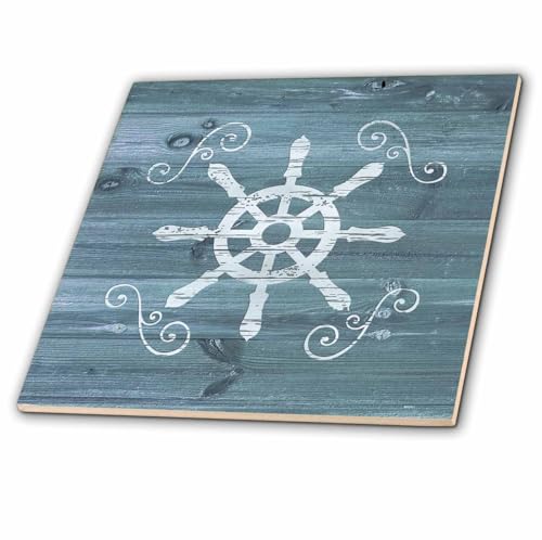3dRose Ceramic Tile - Ships Wheel with Scrolls in White on Blue Weatherboard- Not Real Wood (ct_261838_1)