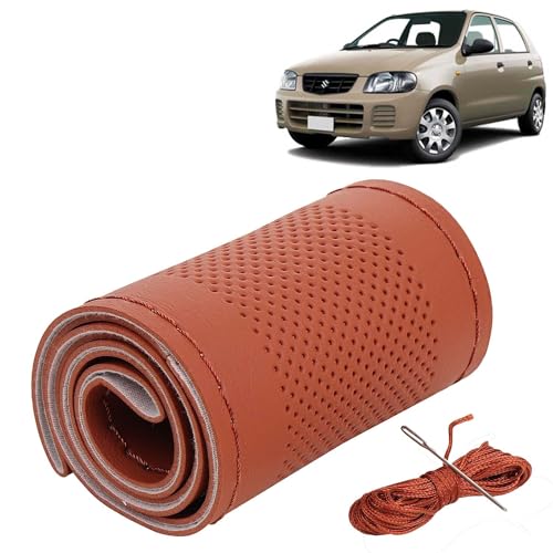 Image of KINGSWAY PU Leatherite Car Steering Cover Sewable Compatible with Maruti Suzuki Alto (Year 2000-2012), Tan Color with Tan Thread, Pack of 1 with Sewing Needle and Thread