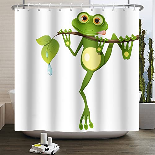 SDOTPMT 122x183cm Süß Karikatur Frosch Duschvorhang Wenig Frosch an Baum Zweig Grün Laub Badevorhang Sommer Tier Weiß Badewannenvorhang für Kinder Badezimmer Polyester Wasserdicht mit Haken