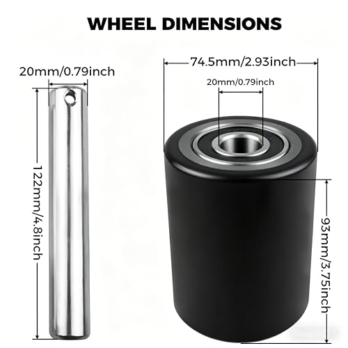 Image of Heavy Duty Pallet Jack Load Wheels Replacement Kit (2 Pairs / 4 Wheels) - 3 inch x 3.75 inch (74.5mm x 93mm) Polyurethane Tread, Pre-Installed 20mm Bearings w /Axles & Pins (Black)