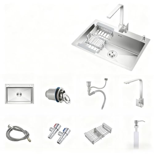 【Yecox】キッチンシンク 大容量シンク ステンレス 静音加工 結露対策 錆びず 防油 防汚 水栓付き 水切りカゴ付き シンクアクセサリー付き 簡単取付 置き場付き 収納便利 省スペース 業務用 家庭用 使いやすい(72*45*20CM,Cセット(角形蛇