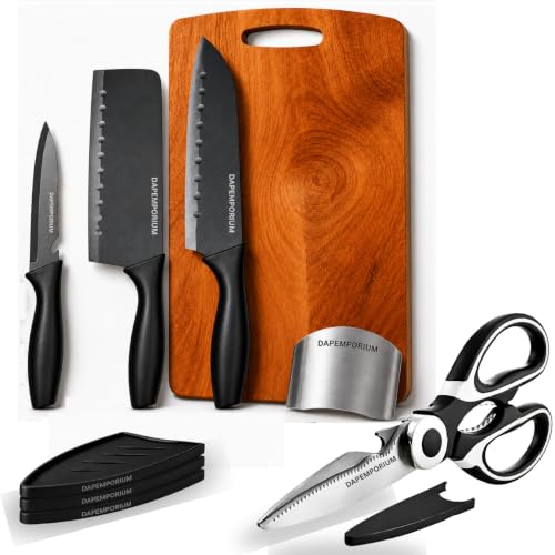 Image of Kitchen Knife Set with Wood Board, Scissors & Finger Guard 6-Pcs Set | Stainless Steel Sharp Durable Blades with Covers 3 Knives for Vegetable, Fruit & Daily Kitchen Cutting, Home Cooking