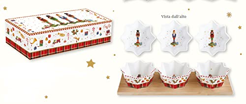 Set Aperitivo - 3 Ciotole in Porcellana - Ciotole con Decorazioni Natalizie - Base in Bamboo - Natale - Scatola Regalo