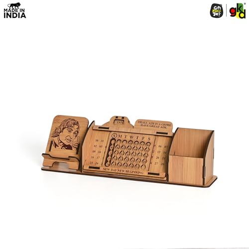 Image of Gift Kya De Wooden Desk Organizer with Desk Calendar, Mobile Holder & Pen Stand | APJ Abdul Kalam Printed Quote & Design | Office Table Decor Gift | Made in India (Eco Friendly)