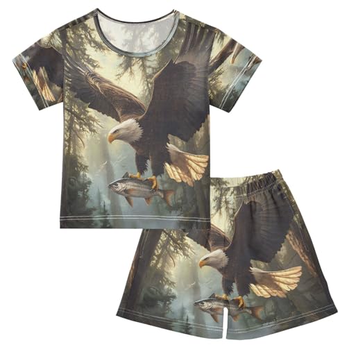 ALAZA Bird Tree Fish Pajamas Set Short Sleeve Cotton Sleepwear Summer Pjs 2 Piece 5-14Y