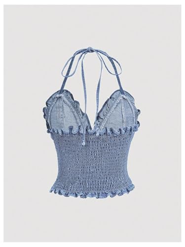 OYOANGLE Women's Lettuce Trim Spaghetti Straps Tie Backless Halter Denim Top Slim Fitted Jean Cami Tops2