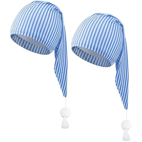 Xaatren 2 Pcs Men's Night Cap Night Sleeping Cap Pajama Night Cap Adjustable Stocking Cap with Pompom (Navy White Stripes) Cover