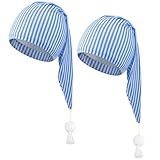 Xaatren 2 Pcs Men's Night Cap Night Sleeping Cap Pajama Night Cap Adjustable Stocking Cap with Pompom (Navy White Stripes)