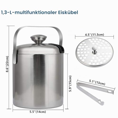 Tuevob 1.3 L Eiseimer Eiswürfelbehälter Edelstahl Eiseimer Eisbehälter mit Zange und Deckel für Eiswürfel u. Früchte ideal für Party u… – Ansicht 6