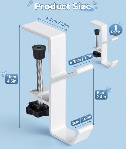 Image of Headphone Stand, Dual Hook Headphone Holder for Desk with Table Clamp, Under Desk Headset Stand Bag Hanger for Gaming and Office Setup, WhiteAlloy Construction