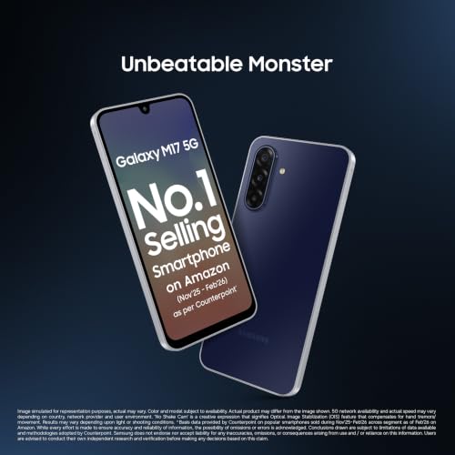 Image of Samsung Galaxy M17 5G Mobile (Sapphire Black, 4GB RAM, 128GB Storage) | 50MP OIS Triple Camera | Gorilla Glass Victus | IP54 | 6 Gen OS Upgrades | AI | Gemini Live | Lag-Free Gaming | Without Charger