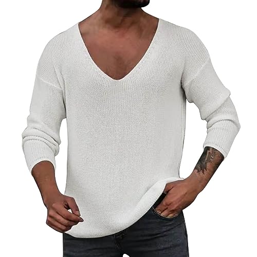 Pull d'hiver à manches longues homme tricot col V profond haut uni chaud