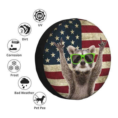 Image of Spare Tire Cover for RV Camper Funny Cute Raccoon American Flag, Weatherproof Universal Wheel Cover for RV Travel Trailer Camper Truck 16inch
