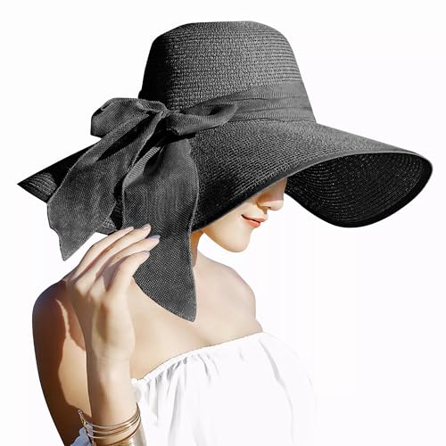 Lanzom Womens 5.7 Inches Big Bowknot Straw Hat Large Floppy Foldable Roll up Beach Cap Sun Hat UPF 50+ Fit Size 6 8/7-7 1/4(Black)