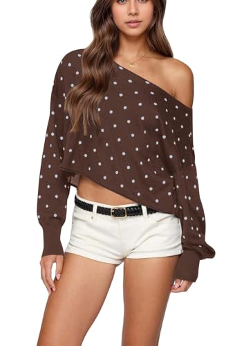 Off The Shoulder Polka Dot Fall Sweater for Women Oversized Long Sleeve Crop Knit Sweaters Boat Neck Casual Pullover