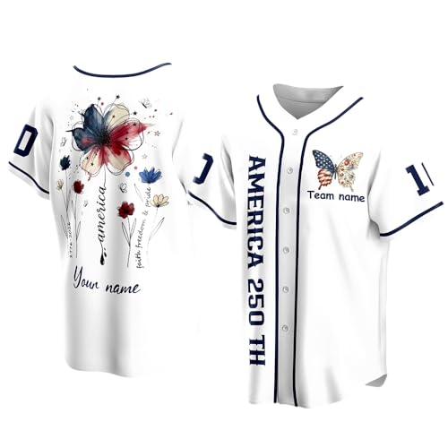Jersey de béisbol personalizado para el 4 de julio con nombre personalizado, nombre del equipo, regalo del Día de la Independencia, 250 años de libertad. Blanco