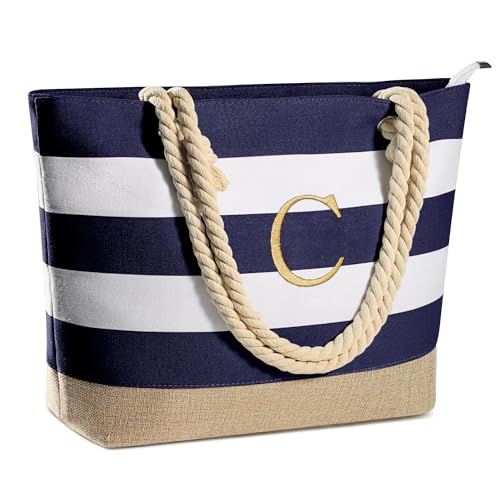 YOOLIFE Initial Canvas Waterproof Beach Tote Bag Zipper Personalized Gifts for Women Her Birthday Travel Beach Essential
