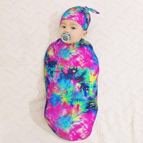 Image of Tie Dye Neon Colorful Newborn Swaddle Blankets Hat Sets Soft Baby Receiving Blanket Swaddle Sack for Baby Shower Infant Boy Girl Gift