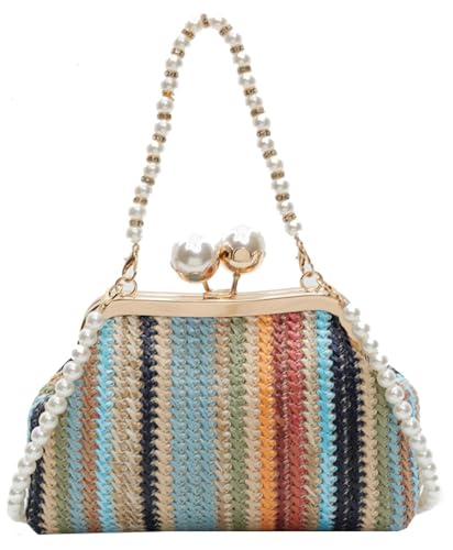 Straw Woven Shell Bag Women Kiss Lock Pearl Top Handle Handbag Summer Colorful Rainbow Striped Shoulder Tote