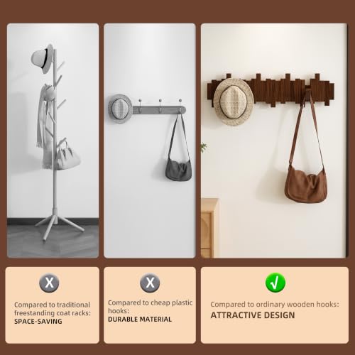 EcobooLife Wooden Piano Coat Rack Wall Mounted, Coat Hooks Hanger Wall Mount with 8 Hooks, Flip-Down Natural Coat Rack for Hanging Keys/Bags, Space Saving Home Hangers, Walnut - image 5