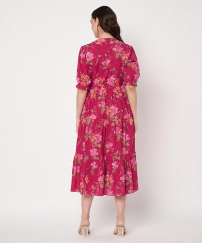 Image of PIDAVLIYA'S Women's Cotton Floral Printed Midi Dress | V-Neck Fit & Flare Dress with Puff Sleeves | Casual Summer Wear