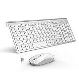 Rechargeable Wireless Keyboard and Mouse, J JOYACCESS Full Size Ultra Thin Wireless Keyboard and Mouse, 2400 DPI Quiet Mouse, for Computer, Smart TV, Laptop,(QWERTY UK Layout) - Silver + White