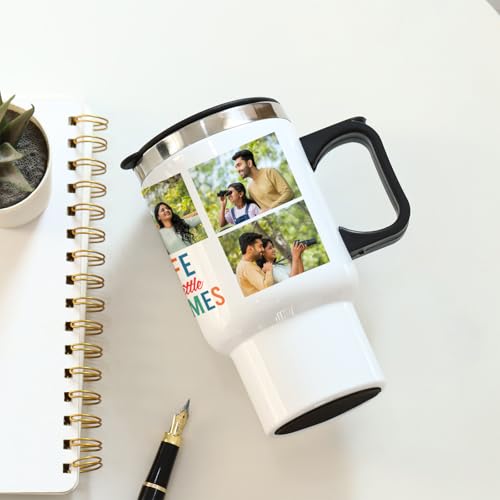 Image of IGP Personalized Photo Travel Mug |Same Day Delivery|400ml Stainless Steel Coffee Cup with Lid & Handle |Custom Picture Collage Mug with ‚Life in Little Frames‚ Print | Unique Gift for Office