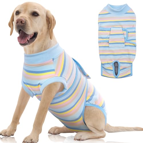 Image of FUAMEY Recovery Suit for Dogs After Surgery,Soft Breathable Dog Bodysuit E-Collar & Cone Alternative Surgical Suit,Male Neuter Suits Spay Recovery Suit Female Onesie Blue Yellow Stripes XL