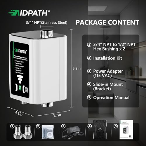 Aidpath 33 PSI, 0.13 HP Smart Water Pressure Booster Pump, 475 GPH, 3-Speed Adjustable, CCS Low-Flow Auto Start,115V, 3/4\" NPT Inlet & Outlet×1/2\"NPT Adapter for Home, Shower