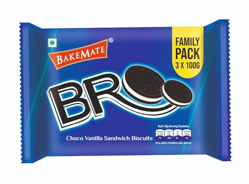 Image of BakeMate BRO Choco Vanilla Sandwich Biscuits Family Pack - Combo Pack of 3 (300g Each) | Vanilla Cream Biscuit | Snack for Kids | Family Pack Sandwich Cream Biscuit | Tea Time Snack | Cookies Packs | Value Pack