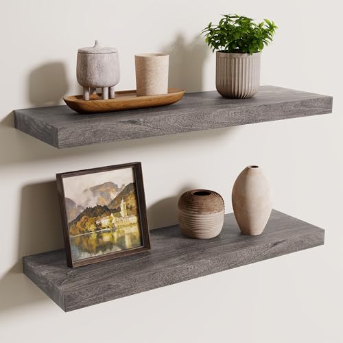Image of Floating Shelves for Wall, 24in Reclaimed Elm Wood Shelves, Grey, 2PCs | 8in Deepth Rustic Solid Elm Wood Shelves for Storage, Wall Display Shelving, Invisible Metal Bracket