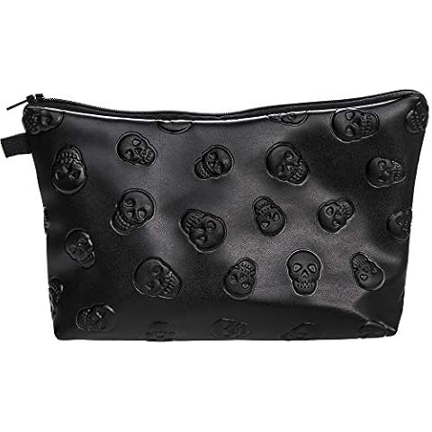 PREMYO Make-Up Pouch Cosmetic Bag Toiletry All Over Print Design Skull Fits in Handbag Ideal for Essentials Traveling Suitable as Pencil Case Black Cover