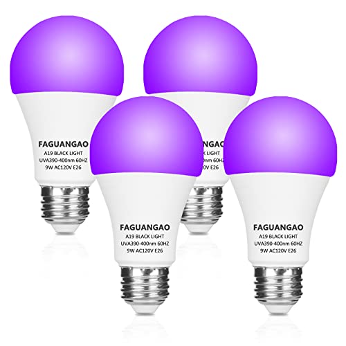 FAGUANGAO LED Black Light Bulb,9W(75Watt Equivalent) A19 UV Blacklight Bulb,120V,UVA Level 390-400nm,E26 Medium Base,Glow in The Dark for Blacklight Party,Fluorescent Poster,Neon Glow,4 Pack