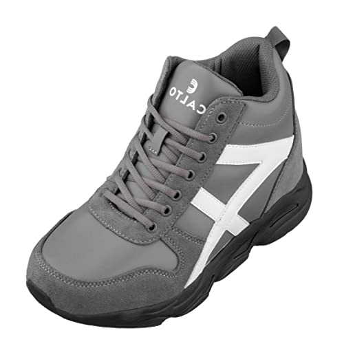 Image of CALTO Men's Invisible Height Increasing Elevator Shoes - Grey /White Lace-up High-Top Hiking Style Sneaker Boots - 3.6 Inches Taller - S22781 - Size 6 D(M) US