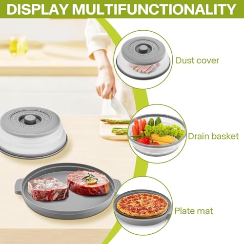 Microwave Splatter Cover for Food with Anti-scald Base Plate,Large Plastic & Silicone Vented Avoid Scalding Collapsible Guard Lid, Plate & Kitchen Colander for Meal Prep-10.7 Inch (2pcs-Gray-Black) by Saebume - Image 6