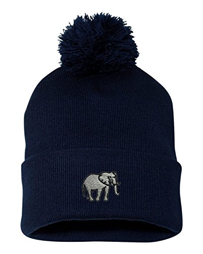 Go All Out One Size Navy Pom Elephant Embroidered Knit Beanie Pom Cap