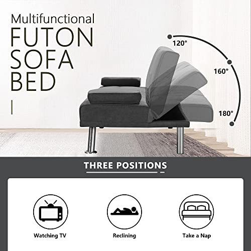 Dklgg Convertible Futon Sofa Bed, Upholstered Sofa Couch, Recliner Loveseat Folding Daybed With 2 Cup Holders And Removable Armrests Sleeper Sofa For Small Space, Home, Living Room, Dark Gray #TOP6