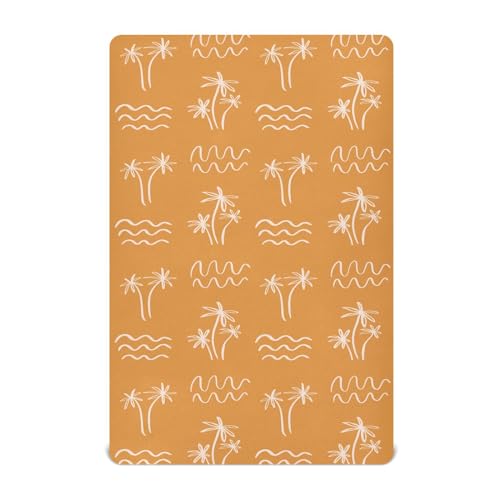 Image of Palm Tree Ocean Waves Boho Orange Fitted Crib Sheets Stretchy Portable Playard Sheets for Baby Toddler, Breathable Soft Mini Crib Mattress 52 x 28 in for Boys and Girls, Pink