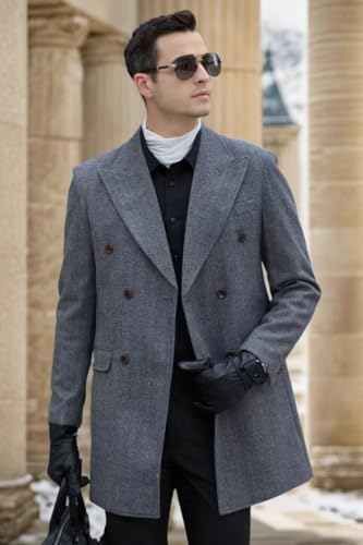 Image of Men's Herringbone Wool Blend Khaki Trench Coat Peaked Collar Long Jacket Overcoat Double Breasted Pea Coat wih Pockets XL