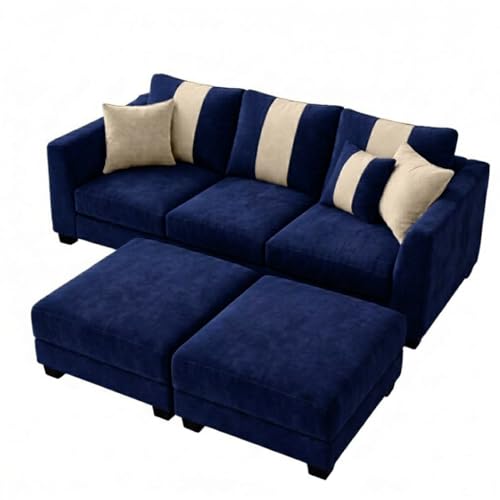 Image of Vero 5 Seater L Shape Sofa Set with 2 Movable Ottomans | Flexible Layout | Luxury Velvet Suede Fabric | Modern Living Room Sofa | Dark Blue