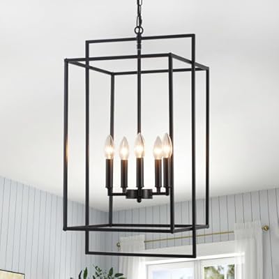Industrial 5 Lights Chandelier, Modern Farmhouse Black Chandeliers, Dining Room Light Fixtures Over Table, Adjustable Height Rustic Chandelier for Kitchen Island Stairway Foyer Hallway