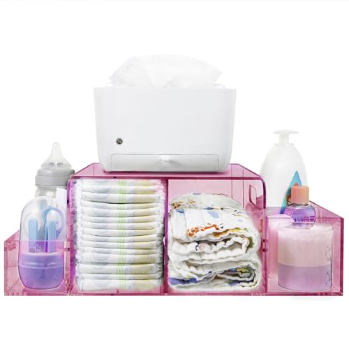 NANYEZH Acrylic Diaper Caddy, Baby Wipes Organizer for Changing Table, Dresser Top Tabletop Organizer with 4 Detachable Compartments, Anti-slip Rubber Feet, Newborn Baby Essentials, Red