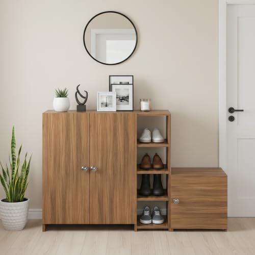 Image of FURNEASER Fusia Shoe Rack Cabinet Wooden | Shoe Storage Organizer with Doors | Shoe Stand for Home Entryway | Footwear Rack Cupboard | Space Saving Shoe Cabinet (Exotic Teak)